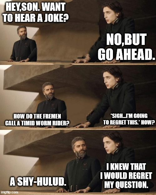 Duke Dad Jokes | HEY,SON. WANT TO HEAR A JOKE? NO,BUT GO AHEAD. *SIGH...I'M GOING TO REGRET THIS.* HOW? HOW DO THE FREMEN CALL A TIMID WORM RIDER? I KNEW THAT I WOULD REGRET MY QUESTION. A SHY-HULUD. | image tagged in dune | made w/ Imgflip meme maker