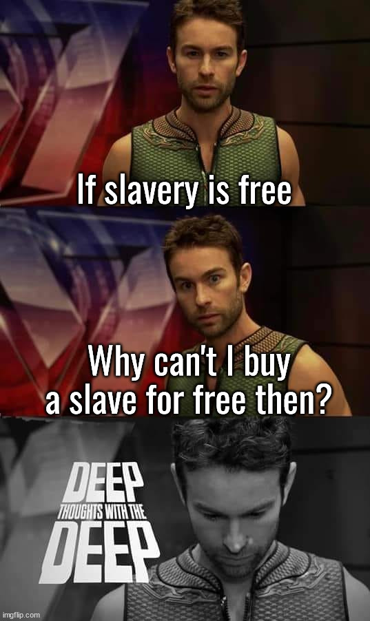 Deep Thoughts with the Deep | If slavery is free; Why can't I buy a slave for free then? | image tagged in deep thoughts with the deep | made w/ Imgflip meme maker