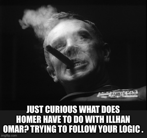 General Ripper (Dr. Strangelove) | JUST CURIOUS WHAT DOES HOMER HAVE TO DO WITH ILLHAN OMAR? TRYING TO FOLLOW YOUR LOGIC . | image tagged in general ripper dr strangelove | made w/ Imgflip meme maker