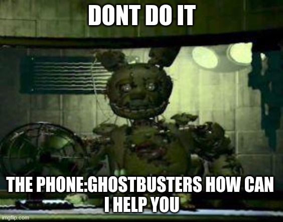 FNAF Springtrap in window | DONT DO IT THE PHONE:GHOSTBUSTERS HOW CAN 
I HELP YOU | image tagged in fnaf springtrap in window | made w/ Imgflip meme maker