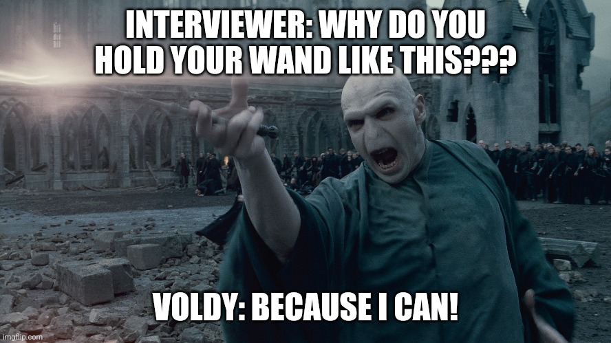 Why does he hold his wand like that??? | INTERVIEWER: WHY DO YOU HOLD YOUR WAND LIKE THIS??? VOLDY: BECAUSE I CAN! | image tagged in memes,harry potter,jpfan102504 | made w/ Imgflip meme maker