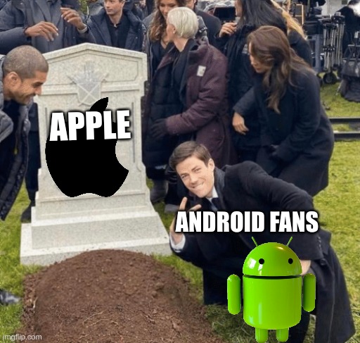 Grant Gustin over grave | APPLE; ANDROID FANS | image tagged in grant gustin over grave,apple,android,fun | made w/ Imgflip meme maker