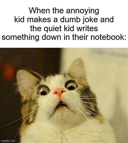 Ooh very scary | When the annoying kid makes a dumb joke and the quiet kid writes something down in their notebook: | image tagged in memes,scared cat,funny,should i be scared right now,who reads these,oh wow are you actually reading these tags | made w/ Imgflip meme maker