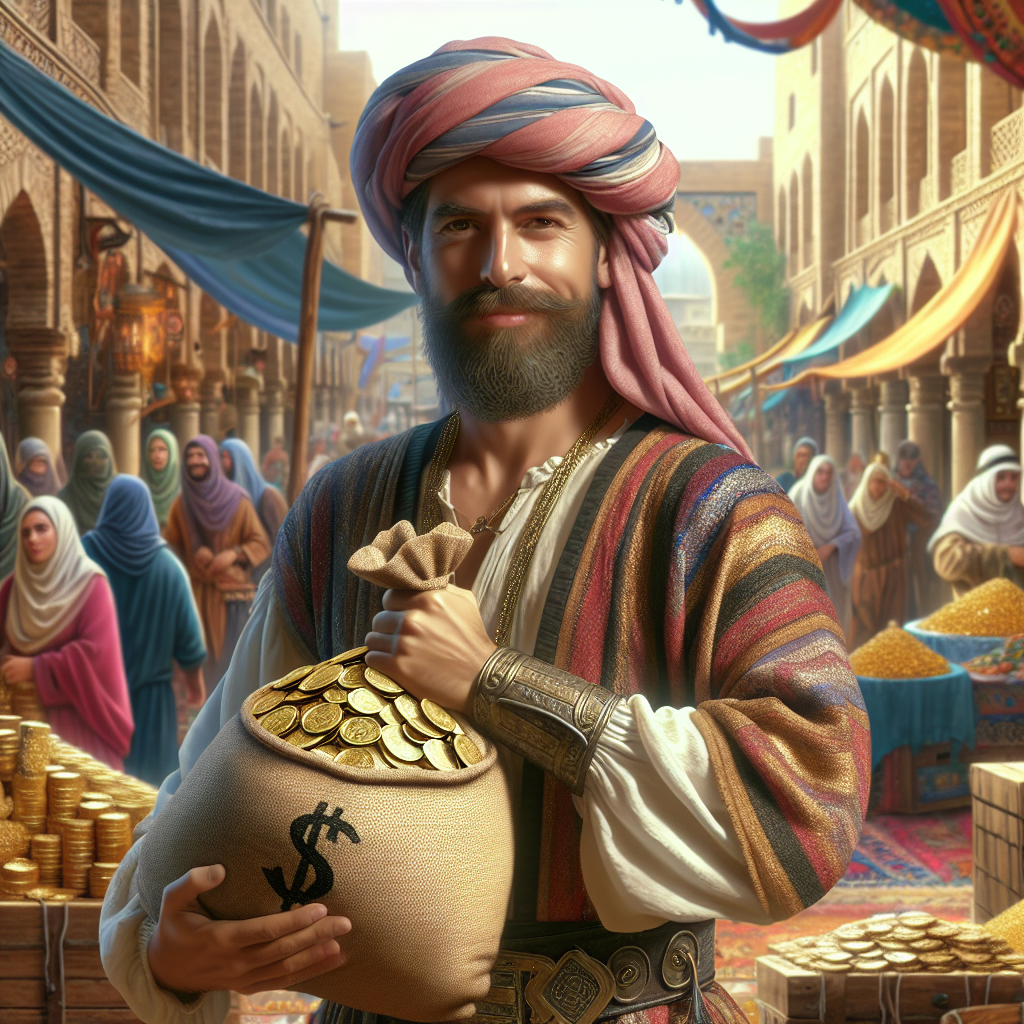 A picture of a medieval merchant holding a sack of coins with a Blank Meme Template