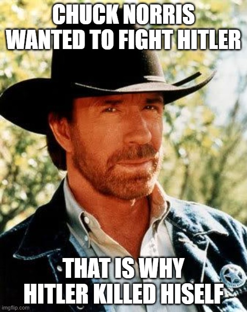 Chuck norris | CHUCK NORRIS WANTED TO FIGHT HITLER; THAT IS WHY HITLER KILLED HIMSELF | image tagged in memes,chuck norris | made w/ Imgflip meme maker