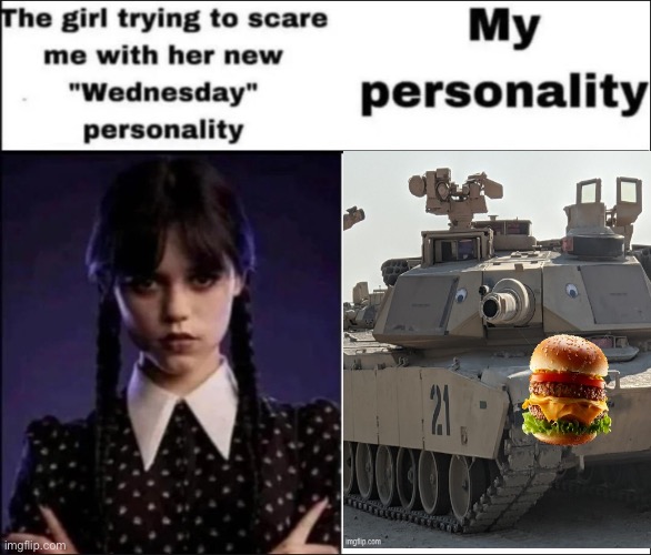 The girl trying to scare me with her new Wednesday personality | image tagged in the girl trying to scare me with her new wednesday personality,tank,operator bravo | made w/ Imgflip meme maker