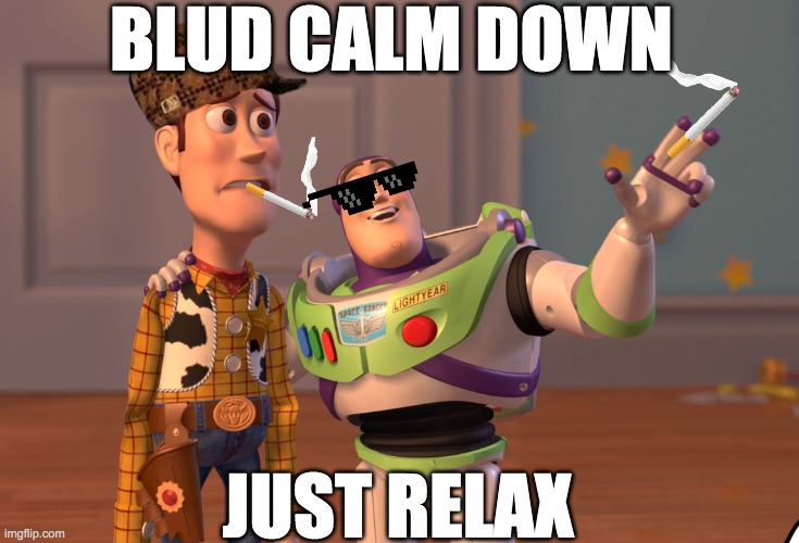 blud | BLUD CALM DOWN; JUST RELAX | image tagged in memes,x x everywhere | made w/ Imgflip meme maker