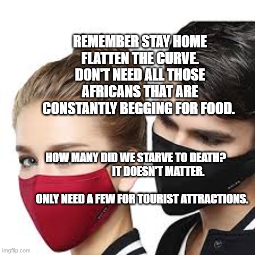 Mask Couple | REMEMBER STAY HOME FLATTEN THE CURVE. DON'T NEED ALL THOSE AFRICANS THAT ARE CONSTANTLY BEGGING FOR FOOD. HOW MANY DID WE STARVE TO DEATH?                        IT DOESN'T MATTER.                                           
       ONLY NEED A FEW FOR TOURIST ATTRACTIONS. | image tagged in mask couple | made w/ Imgflip meme maker