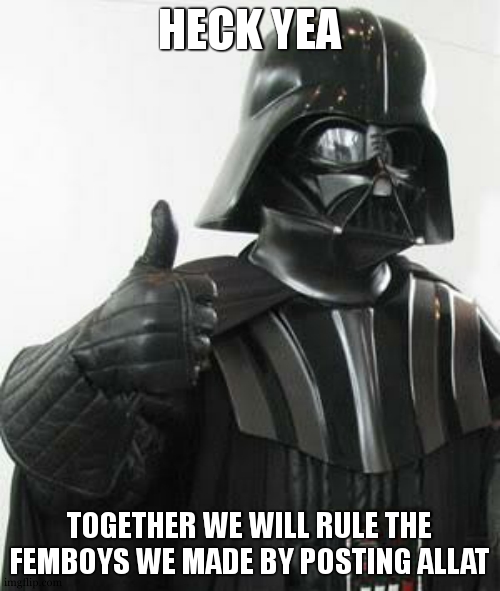 darth vader approves | HECK YEA TOGETHER WE WILL RULE THE FEMBOYS WE MADE BY POSTING ALLAT | image tagged in darth vader approves | made w/ Imgflip meme maker
