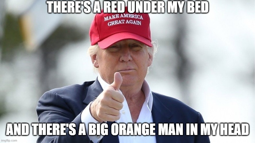 Donald Trump Paranoia They Destroy Ya | THERE'S A RED UNDER MY BED; AND THERE'S A BIG ORANGE MAN IN MY HEAD | image tagged in donald trump,i hate donald trump,trump sucks,paranoia,destroyer,and it goes like this | made w/ Imgflip meme maker