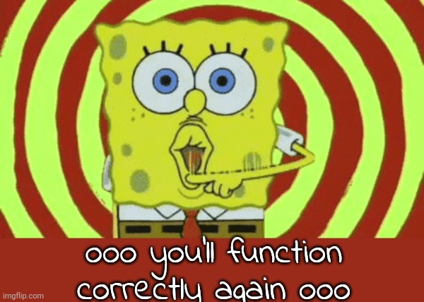 Spongebob Hypnotized | ooo you'll function correctly again ooo | image tagged in spongebob hypnotized | made w/ Imgflip meme maker