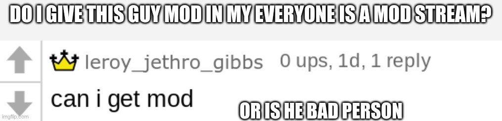 DO I GIVE THIS GUY MOD IN MY EVERYONE IS A MOD STREAM? OR IS HE BAD PERSON | made w/ Imgflip meme maker