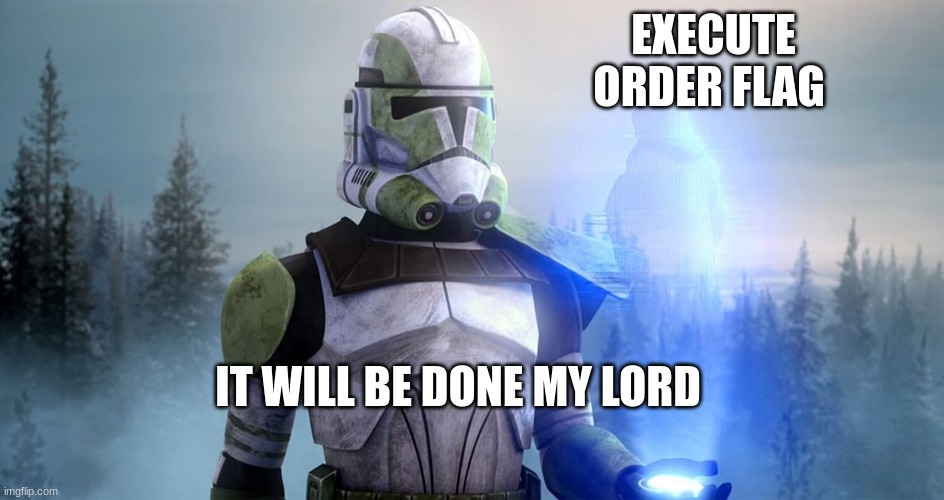 clone trooper | EXECUTE ORDER FLAG; IT WILL BE DONE MY LORD | image tagged in clone trooper | made w/ Imgflip meme maker