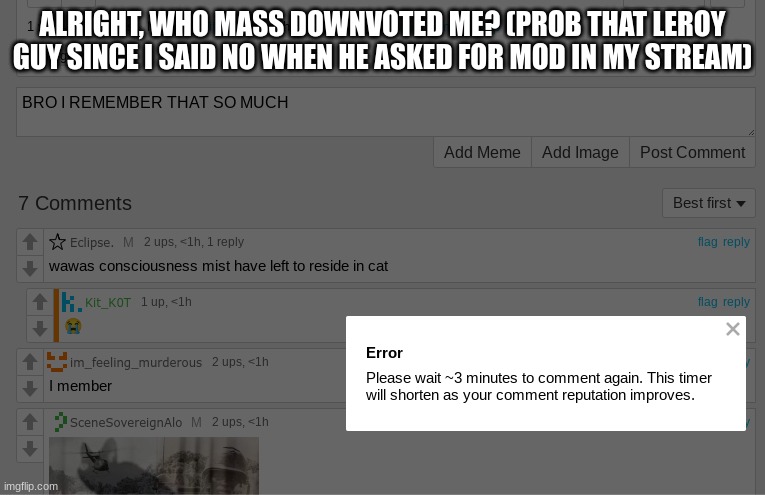 ALRIGHT, WHO MASS DOWNVOTED ME? (PROB THAT LEROY GUY SINCE I SAID NO WHEN HE ASKED FOR MOD IN MY STREAM) | made w/ Imgflip meme maker
