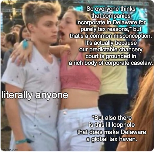 big RULE OF LAW energy | So everyone thinks that companies incorporate in Delaware for purely tax reasons,* but that's a common misconception. It's actually because our predictable chancery court is grounded in a rich body of corporate caselaw. literally anyone; *But also there is this lil loophole that does make Delaware a global tax haven. | image tagged in bro girl explaining | made w/ Imgflip meme maker