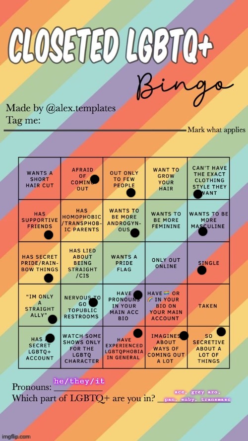 Yay... | he/they/it; ace, grey aro, pan, enby, transmasc | image tagged in closeted lgbtq bingo | made w/ Imgflip meme maker