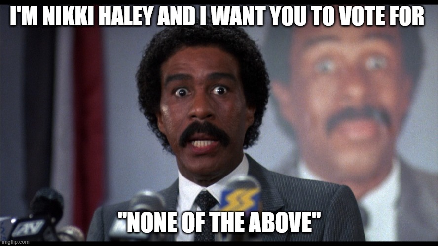 None of the Above | I'M NIKKI HALEY AND I WANT YOU TO VOTE FOR; "NONE OF THE ABOVE" | image tagged in none of the above | made w/ Imgflip meme maker