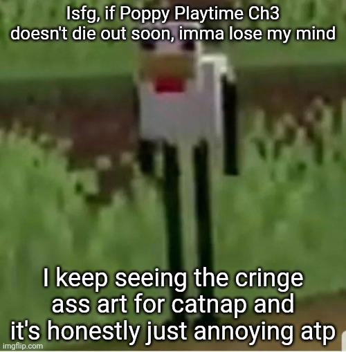 "he's so cute" MF HE'S LITERALLY JUST A PLUSHIE WITH GIANT EYES WITH NO PUPILS AND A MOUTH | Isfg, if Poppy Playtime Ch3 doesn't die out soon, imma lose my mind; I keep seeing the cringe ass art for catnap and it's honestly just annoying atp | image tagged in cursed minecraft chicken | made w/ Imgflip meme maker