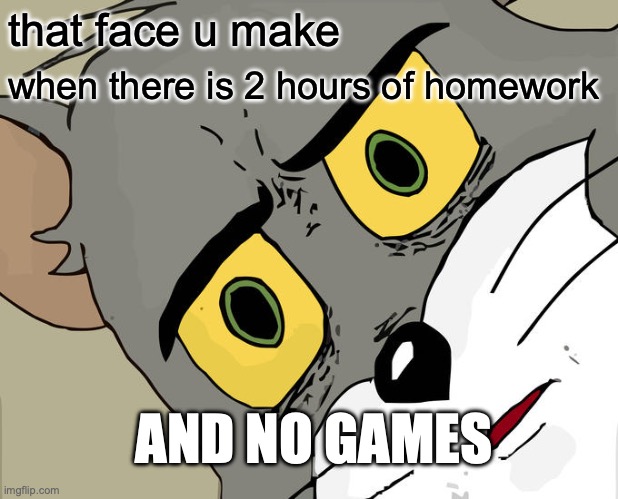 Unsettled Tom Meme | that face u make; when there is 2 hours of homework; AND NO GAMES | image tagged in memes,unsettled tom | made w/ Imgflip meme maker