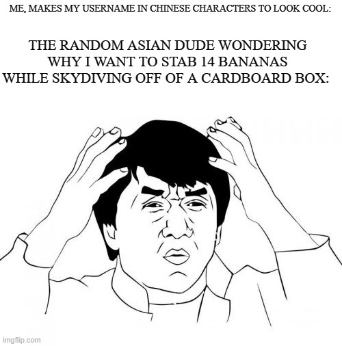 Why do people make their usernames in Chinese characters?!?! | ME, MAKES MY USERNAME IN CHINESE CHARACTERS TO LOOK COOL:; THE RANDOM ASIAN DUDE WONDERING WHY I WANT TO STAB 14 BANANAS WHILE SKYDIVING OFF OF A CARDBOARD BOX: | image tagged in memes,jackie chan wtf | made w/ Imgflip meme maker