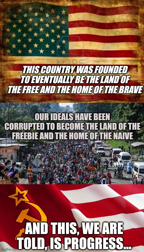 THIS COUNTRY WAS FOUNDED TO EVENTUALLY BE THE LAND OF THE FREE AND THE HOME OF THE BRAVE; OUR IDEALS HAVE BEEN CORRUPTED TO BECOME THE LAND OF THE FREEBIE AND THE HOME OF THE NAIVE; AND THIS, WE ARE TOLD, IS PROGRESS... | image tagged in old american flag,illegal invasion,democrat flag | made w/ Imgflip meme maker