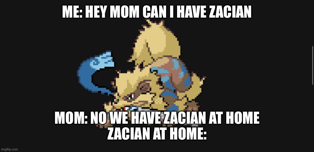 E | ME: HEY MOM CAN I HAVE ZACIAN; MOM: NO WE HAVE ZACIAN AT HOME
ZACIAN AT HOME: | image tagged in e | made w/ Imgflip meme maker