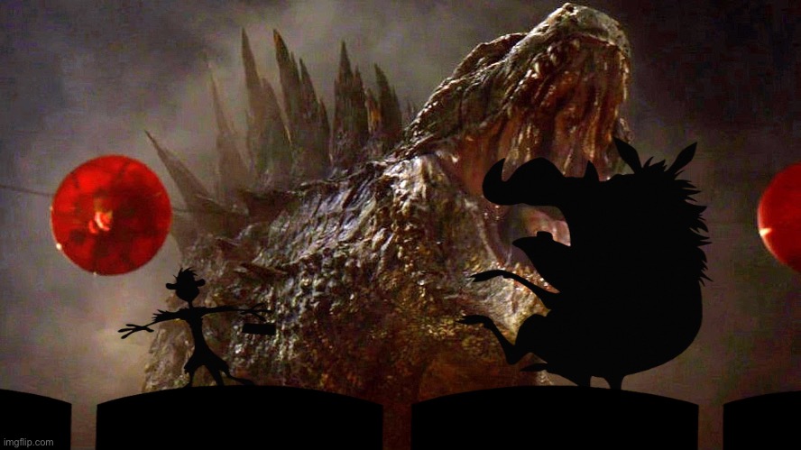 Godzilla scares Timon and Pumbaa | image tagged in meme | made w/ Imgflip meme maker