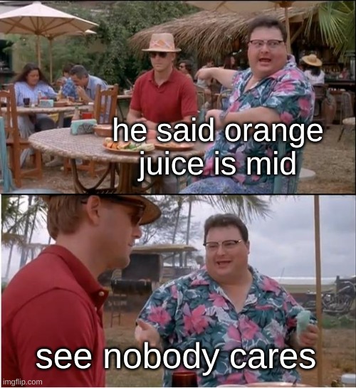 See Nobody Cares | he said orange juice is mid; see nobody cares | image tagged in memes,see nobody cares | made w/ Imgflip meme maker