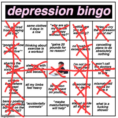 I think I might have depression | image tagged in depression bingo | made w/ Imgflip meme maker