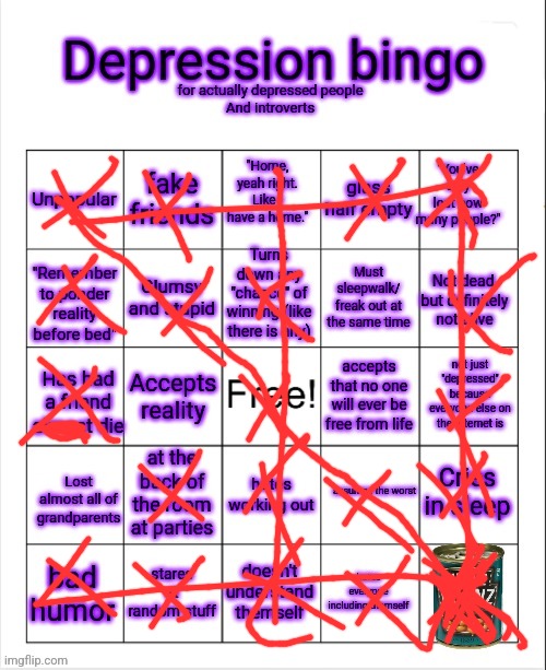 Ok, maybe depression | image tagged in depressed and introvert bingo | made w/ Imgflip meme maker