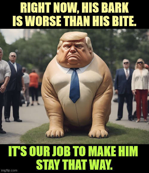 RIGHT NOW, HIS BARK IS WORSE THAN HIS BITE. IT'S OUR JOB TO MAKE HIM 
STAY THAT WAY. | image tagged in trump,dog,barking,bite | made w/ Imgflip meme maker