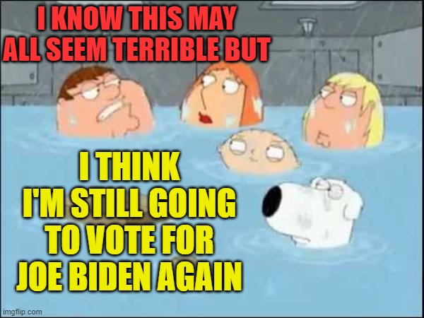Derangement | I KNOW THIS MAY ALL SEEM TERRIBLE BUT; I THINK I'M STILL GOING TO VOTE FOR JOE BIDEN AGAIN | image tagged in family guy | made w/ Imgflip meme maker