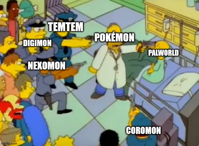 Palworld vs Pokémon Controversy | POKÉMON; TEMTEM; DIGIMON; PALWORLD; NEXOMON; COROMON | image tagged in memes,gaming,nintendo,pokemon,palworld,controversy | made w/ Imgflip meme maker