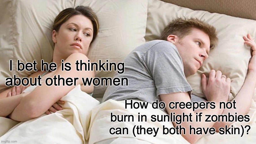 Minecraft Meme | I bet he is thinking about other women; How do creepers not burn in sunlight if zombies can (they both have skin)? | image tagged in memes,i bet he's thinking about other women | made w/ Imgflip meme maker