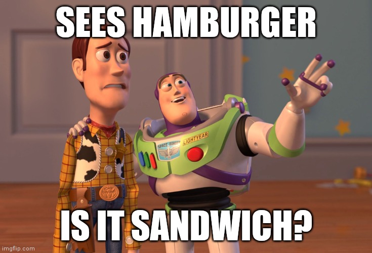 X, X Everywhere | SEES HAMBURGER; IS IT SANDWICH? | image tagged in memes,x x everywhere | made w/ Imgflip meme maker