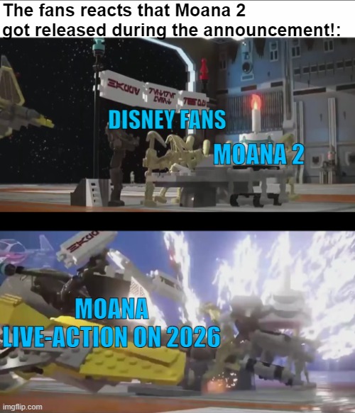 MOANA 2 CAME IN!!! | The fans reacts that Moana 2 got released during the announcement!:; DISNEY FANS; MOANA 2; MOANA LIVE-ACTION ON 2026 | image tagged in moments before disaster lego star wars the skywalker saga,disney,moana | made w/ Imgflip meme maker