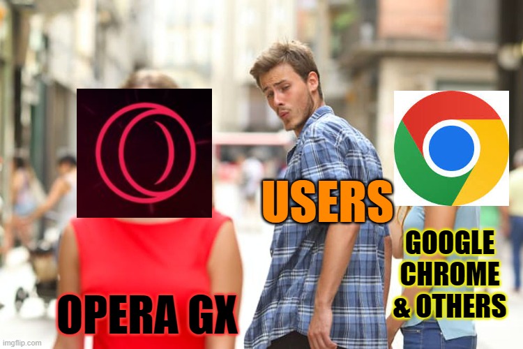 When users find out opera gx | USERS; GOOGLE CHROME & OTHERS; OPERA GX | image tagged in memes,distracted boyfriend,opera gx,google chrome,chrome,browser | made w/ Imgflip meme maker
