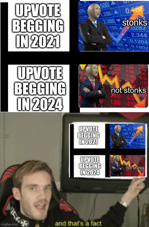 Upvote begging in 2021 VS Upvote begging in 2024 | UPVOTE BEGGING IN 2021; stonks; UPVOTE BEGGING IN 2024 | image tagged in memes,funny,and that's a fact | made w/ Imgflip meme maker