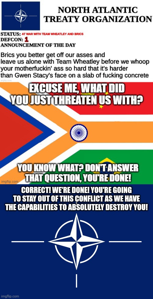CORRECT! WE'RE DONE! YOU'RE GOING TO STAY OUT OF THIS CONFLICT AS WE HAVE THE CAPABILITIES TO ABSOLUTELY DESTROY YOU! | image tagged in nato flag | made w/ Imgflip meme maker