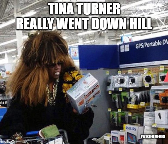 Tina Turner | TINA TURNER REALLY WENT DOWN HILL; TWISTED MEMES | image tagged in tina turner,shopping | made w/ Imgflip meme maker