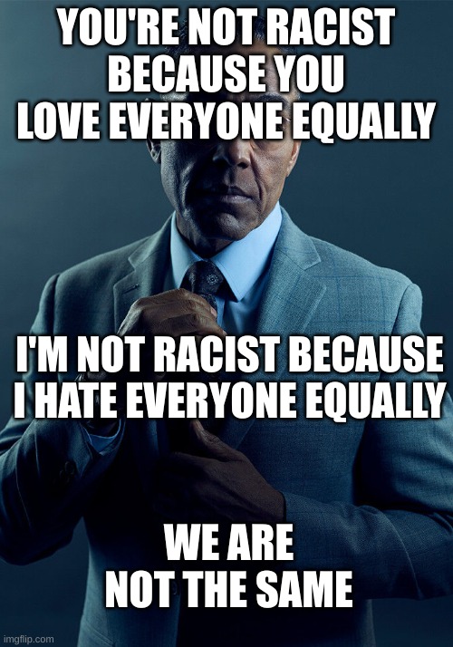 He's not wrong | YOU'RE NOT RACIST BECAUSE YOU LOVE EVERYONE EQUALLY; I'M NOT RACIST BECAUSE I HATE EVERYONE EQUALLY; WE ARE NOT THE SAME | image tagged in gus fring we are not the same | made w/ Imgflip meme maker