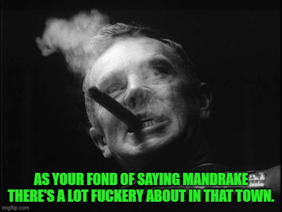 General Ripper (Dr. Strangelove) | AS YOUR FOND OF SAYING MANDRAKE THERE'S A LOT FUCKERY ABOUT IN THAT TOWN. | image tagged in general ripper dr strangelove | made w/ Imgflip meme maker