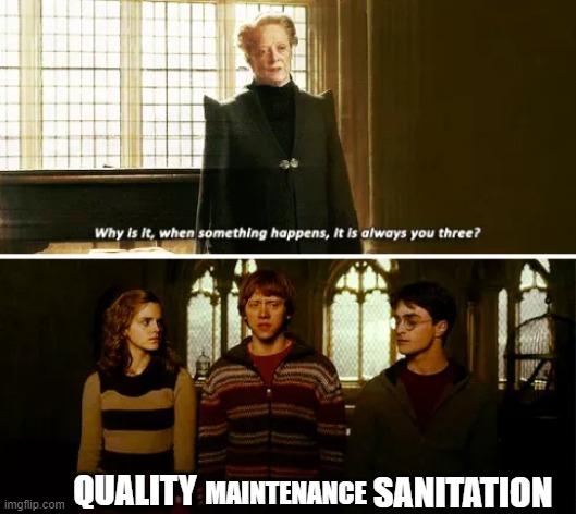 Food manufacturing | SANITATION; MAINTENANCE; QUALITY | image tagged in always you three | made w/ Imgflip meme maker