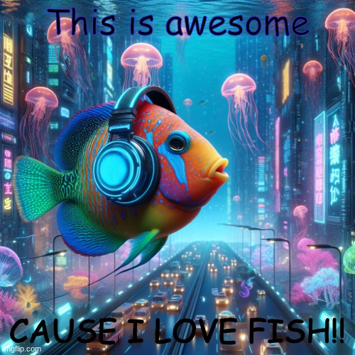 fish | This is awesome; CAUSE I LOVE FISH!! | image tagged in fish with headphones | made w/ Imgflip meme maker