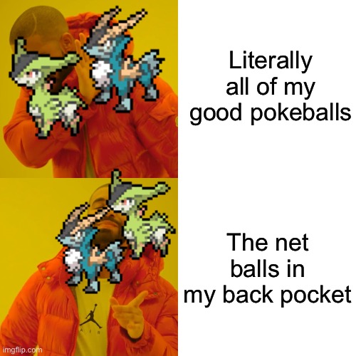 2 out of the three swords of justice have done this to me now | Literally all of my good pokeballs; The net balls in my back pocket | image tagged in memes,drake hotline bling | made w/ Imgflip meme maker