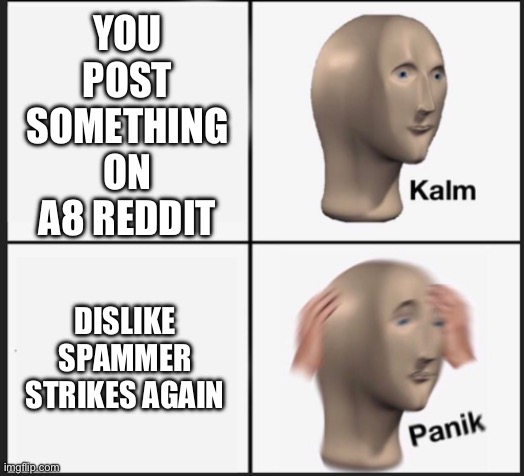A8 Reddit be like : | YOU POST SOMETHING ON A8 REDDIT; DISLIKE SPAMMER STRIKES AGAIN | image tagged in calm panic | made w/ Imgflip meme maker