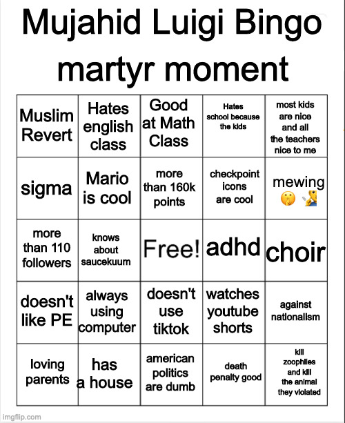 Blank Bingo | martyr moment; Mujahid Luigi Bingo; Hates school because the kids; Good at Math Class; most kids are nice and all the teachers nice to me; Hates english class; Muslim Revert; more than 160k points; sigma; mewing 🤫 🧏‍♂️; Mario is cool; checkpoint icons are cool; adhd; more than 110 followers; choir; knows about saucekuum; doesn't like PE; always using computer; against nationalism; watches youtube shorts; doesn't use tiktok; has a house; kill zoophiles and kill the animal they violated; loving parents; american politics are dumb; death penalty good | image tagged in blank bingo | made w/ Imgflip meme maker