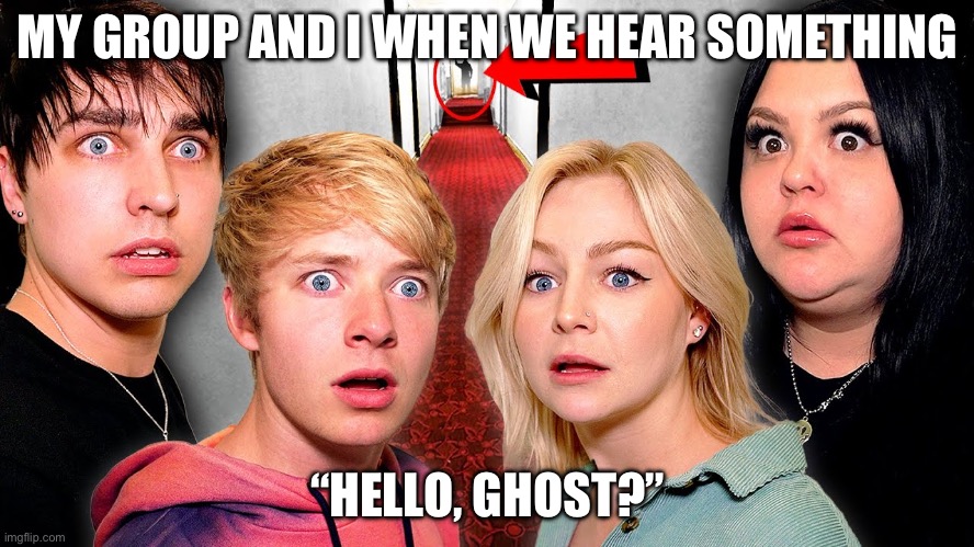 Something random for fun | MY GROUP AND I WHEN WE HEAR SOMETHING; “HELLO, GHOST?” | image tagged in trash | made w/ Imgflip meme maker