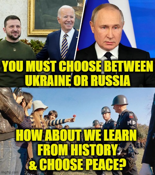 Where have all the flowers gone? | YOU MUST CHOOSE BETWEEN
UKRAINE OR RUSSIA; HOW ABOUT WE LEARN 
FROM HISTORY
& CHOOSE PEACE? | image tagged in military industrial complex | made w/ Imgflip meme maker