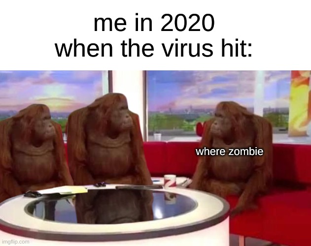 real | me in 2020 when the virus hit:; where zombie | image tagged in where monkey,memes,dank memes | made w/ Imgflip meme maker